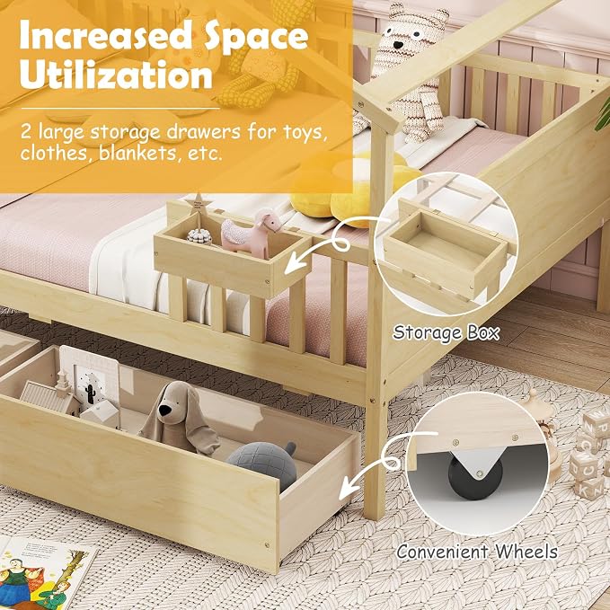 Giantex Full House Bed with Drawers, Wooden Full Size Bed Frame with Cube Storage & Fence Rails, Montessori Beds for Kids Boys Girls, Bedroom, Living Room, No Box Spring Needed, Natural