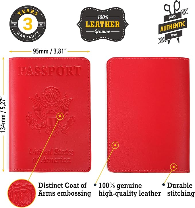US Leather Passport Book Cover - Thin American Travel Passport Holder - Premium International USA Passport Protector Case for Women Men (Red)