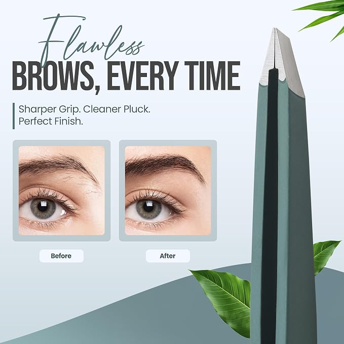 Professional Slant Tip Tweezers - Precision Stainless Steel Eyebrow Plucking Tool for Women and Men, Ingrown Hair Remover, Facial Hair Tweezers for Grooming (Olive Fog)