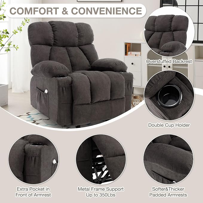 Massage Rocker Recliner Chair with Heat and Vibration Ergonomic Rocking Lounge Chair for Living Room Comfy Overstuffed Recliner with 4 Side Pockets, 2 Cup Holders, Black