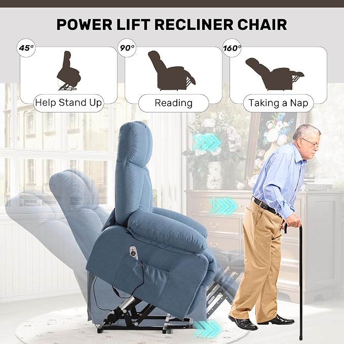 Oversized Power Lift Recliner Chair for Elderly, Big and Tall Lift Chair with Massage and Heat for Living Room, Fabric Electric Recliner Chairs with Side Pocket, USB Charge Port Blue