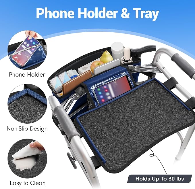 Ytonet Walker Basket with Tray, Removable Walker Tray for Folding Walker | Water Resistant Walkers Bag with Phone and Crutch Holder Large Capacity Anti-Tip Design Accessories for Seniors