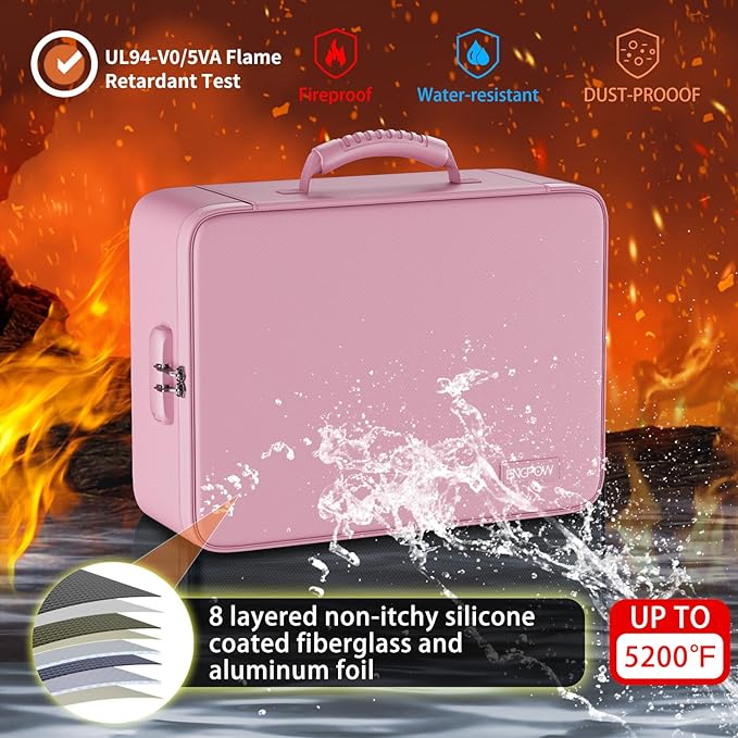 ENGPOW Fireproof File Organizer Bag with 13 Pockets Accordion File Folder | 5200℉ Document Organizer Box with Lock & Labels, Multi-Layer, Portable Home Safe Storage for Important Documents, Pink