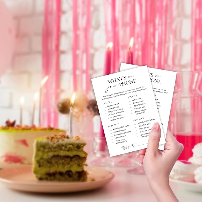 Birthday Party Game for Adults – “What’s on Your Phone?” Paper Game Cards, 25 Icebreaker Sheets for Adult Birthday Celebrations & Social Parties - A07