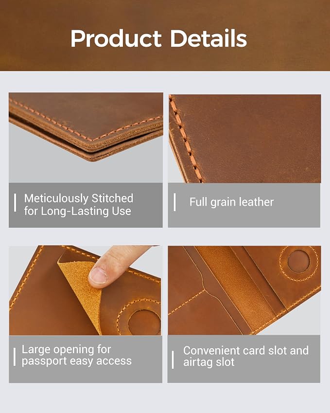 Passport Holder for Travel, Genuine Leather Passport Wallet Cover Case with Airtag Slot, RFID Blocking, for Women Men, Travel Essentials Gift, Brown