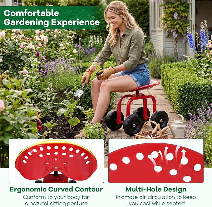 Goplus Garden Cart with Wheels, Utility Stool Cart w/Adjustable 360 Degree Swivel Seat, Outdoor Lawn Yard Rolling Work Seat, Garden Scooter for Planting (Red)