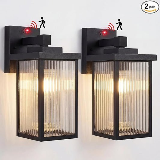 2-Pack Motion Sensor Porch Light, Dusk to Dawn Outdoor Light Black | 2 Modes, 220° Motion Detection, Auto On and Off, Anti-Rust Metal Frame, Pre-Assembled DIY Install on Porch, Garage