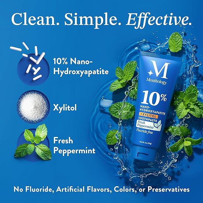 Mouthology 10% Nano Hydroxyapatite Toothpaste (Fluoride Free), Whitening*, Xylitol Toothpaste for Adults, Supports Enamel Care*, Appropriate for Sensitive Teeth*, SLS Free, Mint 4oz (USA Made)