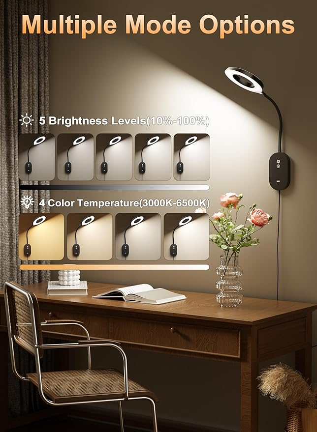 Wall Mounted Reading Light, Bedside Headboard Lights with 10W USB Output Fast, 5 Dimmable & 4 Color Temperature, Memory Function, 4-Hour Auto Off, Flexible Rotation 3000K-6000K Bed Wall Lamp (Black)