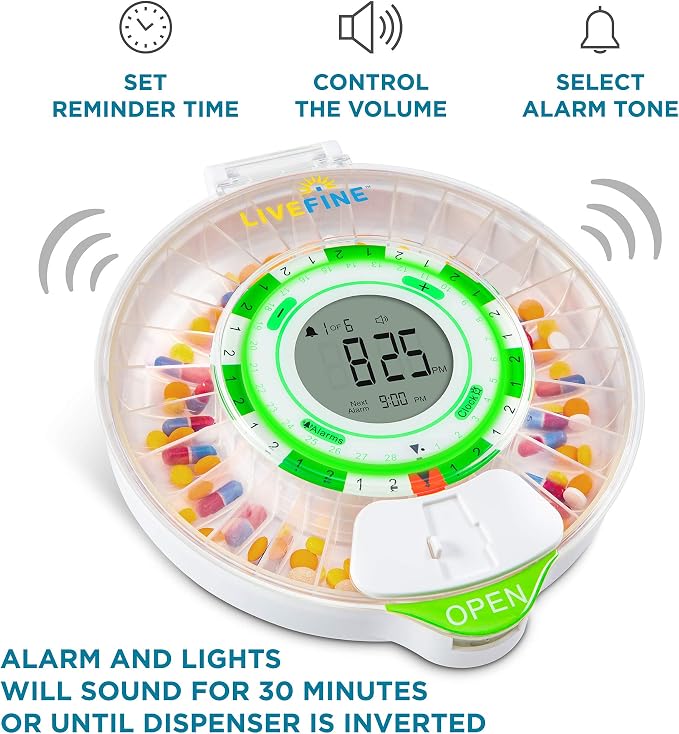 Live Fine 4-Week Pill Dispenser, Locking Pill Organizer, Clear Lid | Medication Organizer, 9 Dosage Rings, Jumbo LCD Display, Audio & Visual Alerts, Lockable Medicine Box