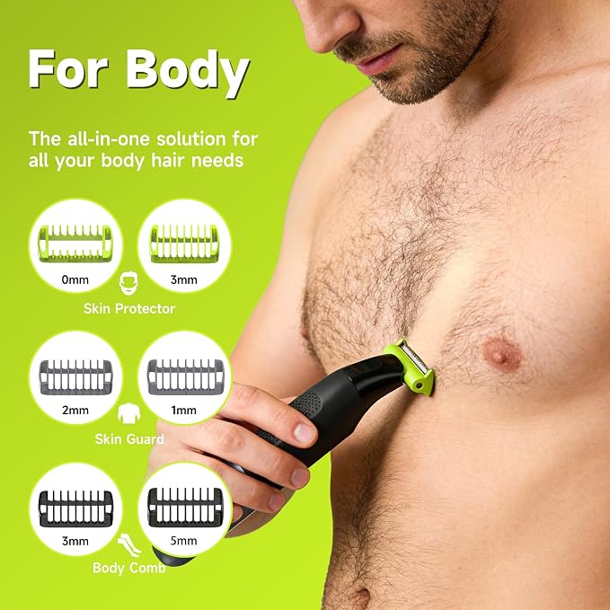 Body Hair Trimmer for Men, Electric Groin & Pubic Hair Trimmer, Painless Body Shaver for Chest, Legs, Bikini, Waterproof Wet/Dry, USB-C Rechargeable, Self-Sharpening Blades, 6 Guide Combs