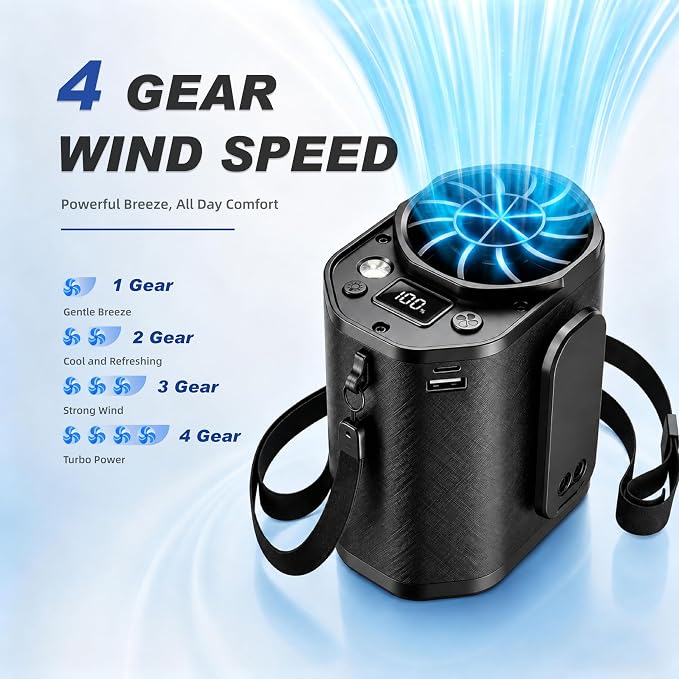 Waist Fan with Clip on: Portable 4-Speed Enlarged Fan-blades Personal Belt Fan with LED Light 6-11H of Working Time Hands-Free Neck Fan