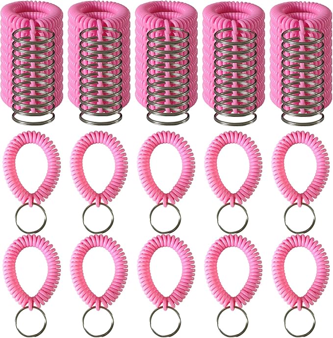 10 Pieces Wrist Coil Keychain Spiral Key Ring, Solid Pink | Wristband Bracelet Key Holder for Pool Gym ID Badge