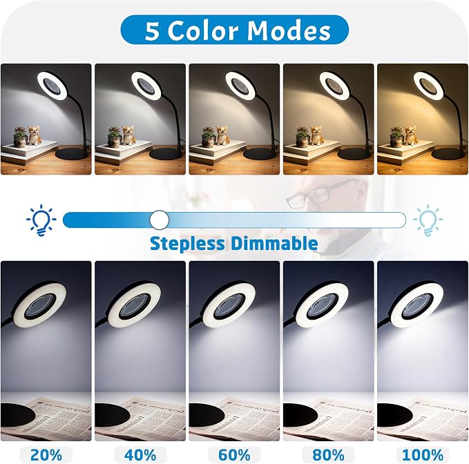 12X Magnifying Glass with Light and Stand, LED Magnifying Lamp with Clamp | 5 Color Modes, Stepless Dimmable, Flexible Gooseneck, for Diamond Painting and Small Craft Work Hobby Reading Sewing