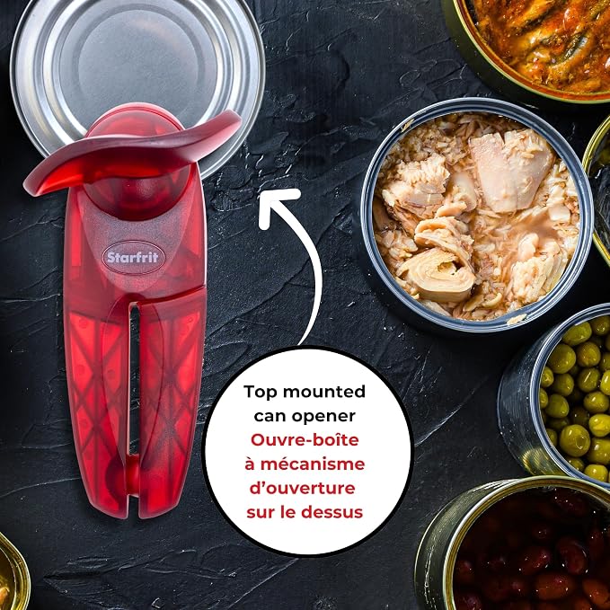 Starfrit Little Beaver Can Opener, Safe, Comfort Grip, Red | Safe can opener. Holds lid. No sharp edges. Comfort grip. 3-year warranty.