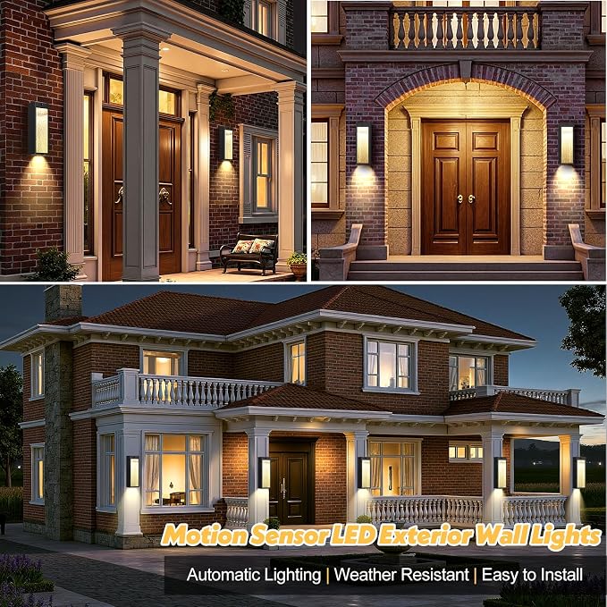 2 Pack LED Outdoor Wall Light 15in Dusk to Dawn Black Porch Light | Motion Sensor, 3 Lighting Modes, Water Ripple, Exterior Lighting Fixtures, Outside Lights Anti-rust for House Garage