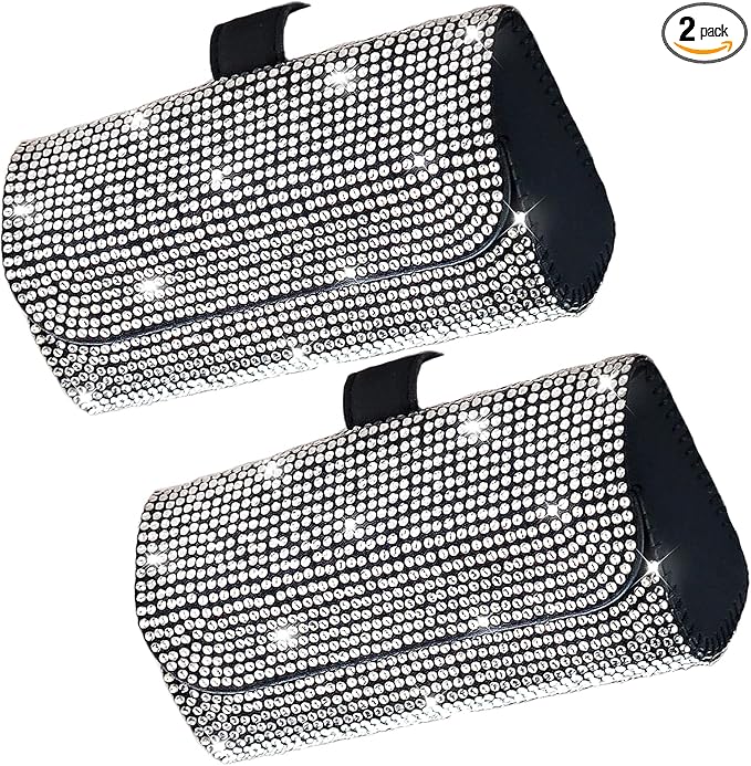 Accmor Bling Sunglasses Holder for Car Sun Visor 2 Pack, Vehicle PU Leather Glasses Storage Case Eyeglasses Organizer Protective Box Sparkling Crystal Car Accessories for Truck, SUV, RV (White)