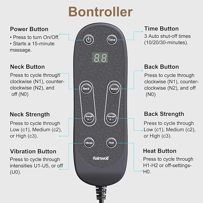 Rainwolf Shiatsu Neck and Back Massage Cushion with Heat - 4D Deep Tissue Kneading Full-Back Massager for Relief Muscle Soreness, Adjustable Intensity & Height, for Office Chair & Home