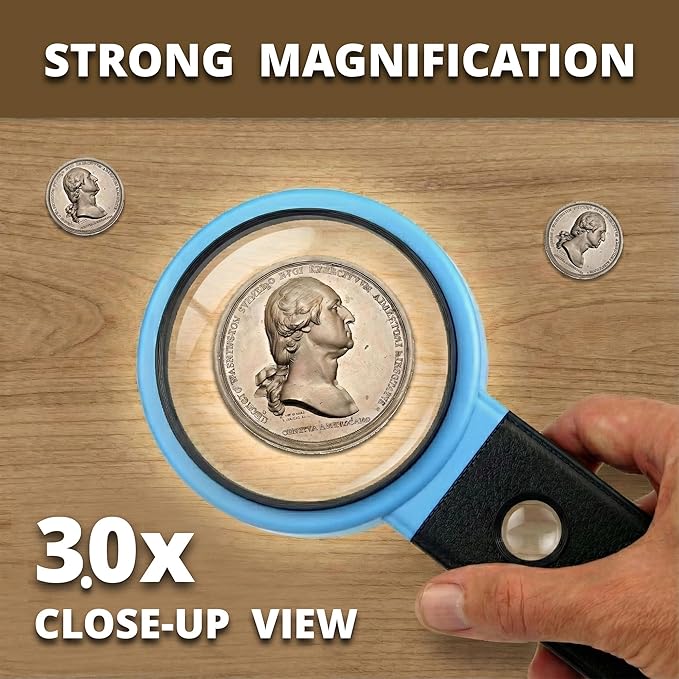 VisionAid Hands-Free Magnifying Glass with Stand, LED Lights, Loupe Handheld Illuminated Magnifier for Low Vision Seniors Coins Reading Jewelry