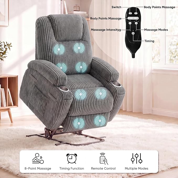 Flamaker Power Lift Chair Massage Recliner Chairs for Elderly | Ergonomic Lift Recliner Design with Cup Holders & Side Pockets, Remote Control (Corduroy, Dark Gray)