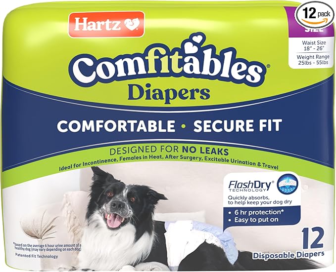 Hartz Comfitables Disposable Dog Diapers, Size Large 12 Count, Comfortable & Secure Fit, Easy to Put On, Super Absorbent Male and Female Diaper