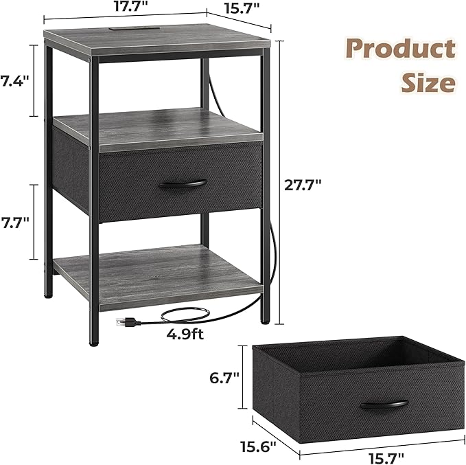 SUPERJARE Nightstand with Charging Station, USB-C Port, Bedside Table | 27.7 Inch Tall Nightstand with Adjustable Fabric Drawer, Large Dresser for Bedroom, Living Room, Gray & Black