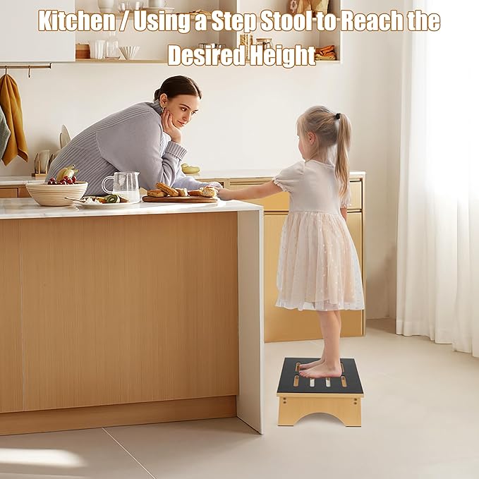 Wooden Step Stool, Bed Steps for High Beds for Adults Elderly with Non-Slip Rubber Surface, Heavy Duty One Step Stool for Bed with 450 LBS Capacity for Bedroom Kitchen Bathroom, or Bedside