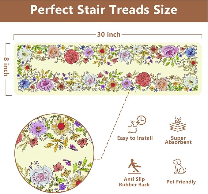 Butterfly Floral Stair Treads Non-Slip Stair Carpet for Wooden Steps 15PCS 8"X30" Stair Rugs Rubber Backing Treads Stair Mats Indoor Safety Staircase Step Treads for Elders Kids Dogs Beige