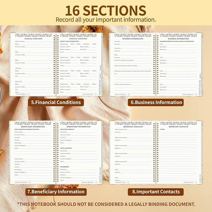 Peace of Mind Planner, Spiral End of Life Planner with Tabs for Senior, Guided Estate Planning Organizer for Final Arrangements & Important Affairs, 7.9"x10.6", Flower