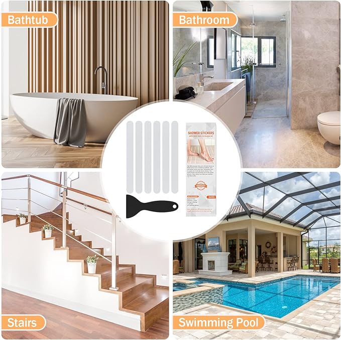 Non Slip Bathtub Stickers, 24 PCS Shower Stickers for Safety Bathroom Tubs, Bathtub Non Slip Stickers and Adhesive Decals Scraper for Bath Tub, Shower Floor, Stairs, Ladders(Clear)