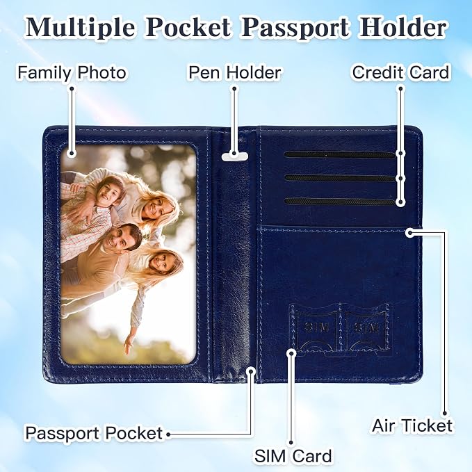 Passport Holder for Travel, RFID Blocking Passport Cover with Pen Holder Leather Passport Wallet Case Travel Must Haves Accessories Passport Book Card Holder for Family Travel Essentials, Dark Blue