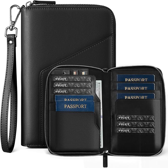 VULKIT Family Passport Holder for 4 Passports, RFID Blocking Travel Wallet | 6 Card Slots, 2 SIM Pockets, Secure Zipper Closure, Holds 4 Passports, Family Travel Essential