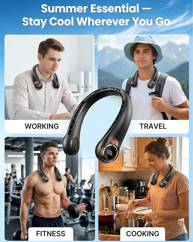 BNBZ Portable Neck Fan, 6000mAh Rechargeable Fan Blows Cold Air with LED Display, 4 Speeds, 20H Runtime, Quiet Wearable 360° Personal Cooling Fan for Outdoor Travel Work Gym Gift for Women Men-Black