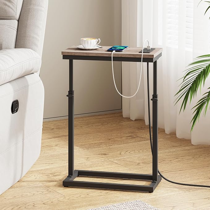 TUTOTAK End Table with Charging Station, Side Table, Tall Couch Table | Sofa Table, for living Room, Bedroom, Greige TB01BG084