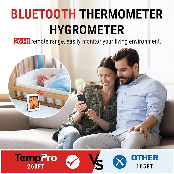 TempPro TempAir Bluetooth Hygrometer Thermometer for Greenhouse Up to 260ft | Room Indoor Thermometer Humidity Monitor, Humidity Meter Temperature Sensor with 2-Year Data Export&Large Backlit Display