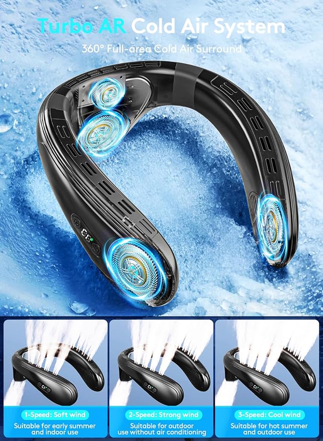 Neck Air Conditioner Portable, Upward & Downward Back Airflow, Large Cooling Plate & NTC Control, 6000mAh Bladeless Wearable Fan, 6 Speeds for Outdoor, Travel, Office, Golf