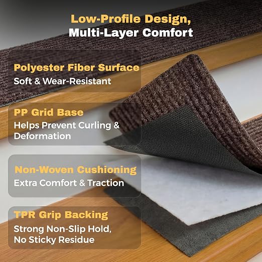 MBIGM Carpet Stair Treads for Wooden Steps, 7 Pack, 8" x 30", Brown Stripe | Four-layer polyester carpet with PP grid base, nonwoven cushion and TPR adhesive backing adds indoor traction and comfort