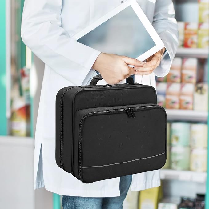 Damero Pill Bottle Organizer, Medicine Bottles Storage Bag, Black | Medication Travel Carrying Case, with Mesh Pouches and Elastic Bands, for Pill Organizer, Vitamins, Medical Supplements