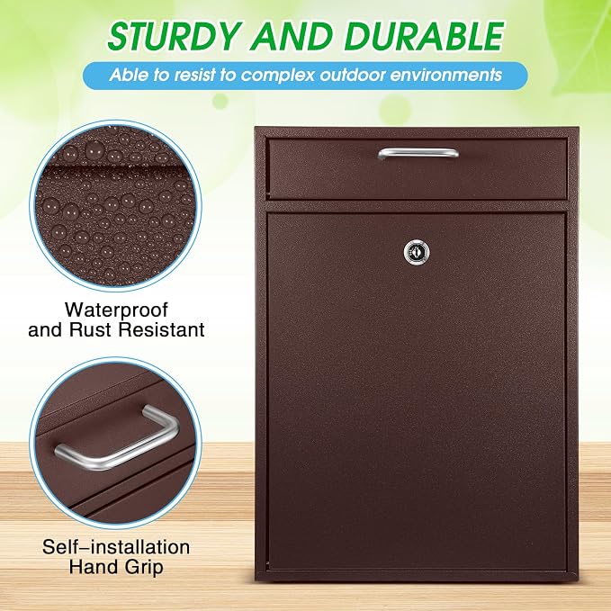 Yaocom Locking Mailbox with Key for Outdoor 16.2 x 11.2 x 4.7 Inches Large Wall Mount Mail Box with Lock Security Mail Drop Metal Collection Boxes Hanging Secure Postbox(Brown)