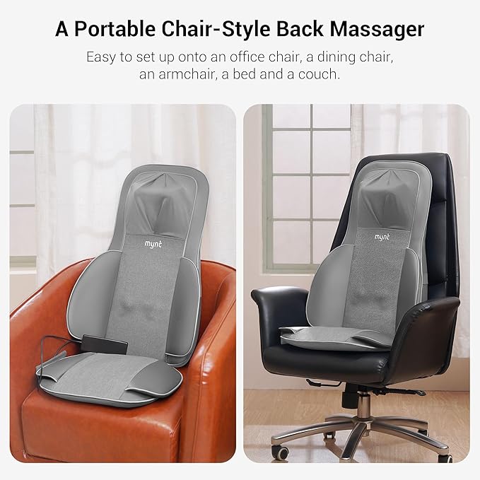 Mynt FSA Eligible HSA Approved Shiatsu Neck and Back Massager for Chair with 10 Deep Kneading Nodes, 2D & 3D Adjustable Back Massage with Heat, Portable Massage Chair Pad (Gray)