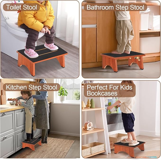 Step Stool Foldable, Wooden Step Stool with Non-Slip Rubber Stepping Platform, Folding Step Stools for Adults Seniors in Bedroom, Kitchen Bathroom, RV, Bed Steps for High Beds, No Assemble (Brown)