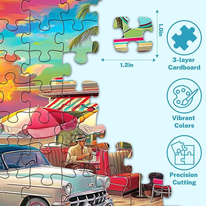 500 Piece Jigsaw Puzzle for Adults, Retro Beach Diner & Classic Car | Vibrant sunset, ocean views, retro beachside charm, family game night, screen-free fun, wall decor and unique gifts