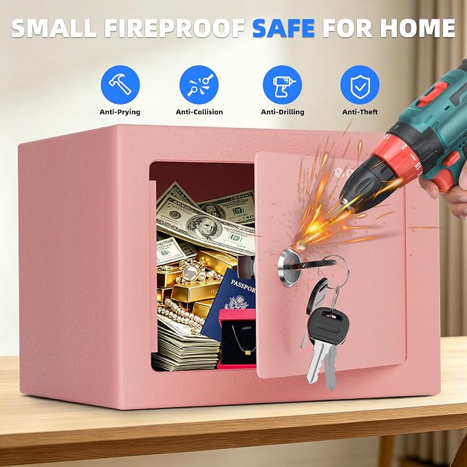 CDC DIGI Steel Security Safe Box with Key Lock,Safe Box for Home, Office, Money, Jewelry, Documents and Valuables, 0.23 Cubic Feet, 9.06" W x 6.69" D x 6.69" H, Pink