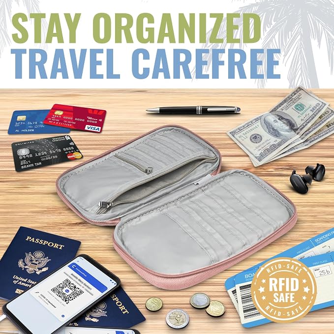 Travel Document Organizer with RFID, Family Passport Holder, Wallet for Women & Men, Portable & Waterproof Case for Cards, Boarding Pass, Money