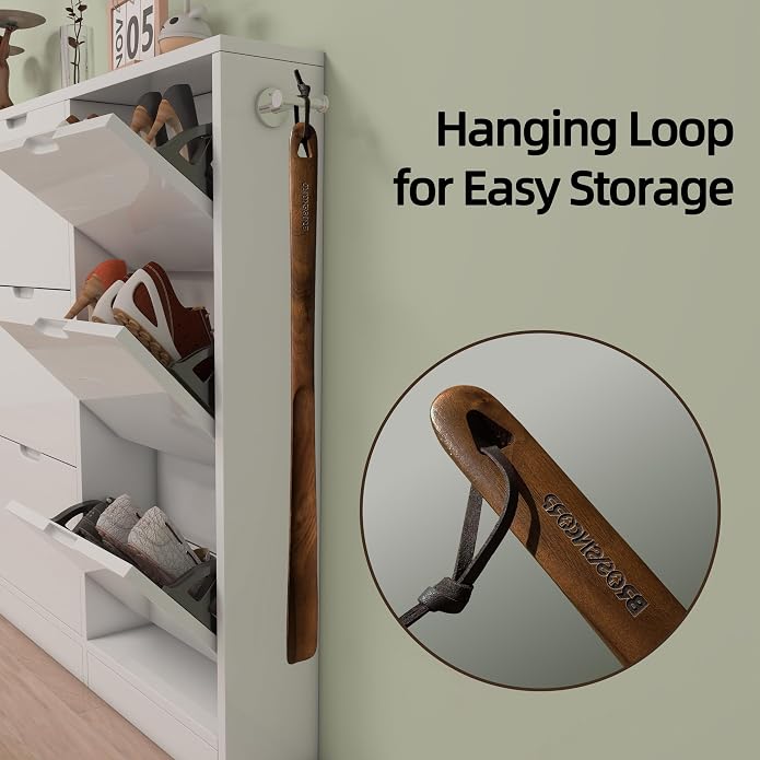 Brosisincorp Wooden Shoe Horn Long Handle for Seniors Helper | Solid Black Walnut Wood, Smooth Finish, Leather Hanging Loop Wall Mount, Reduce Bending Over, for Pregnant Women Back Pain