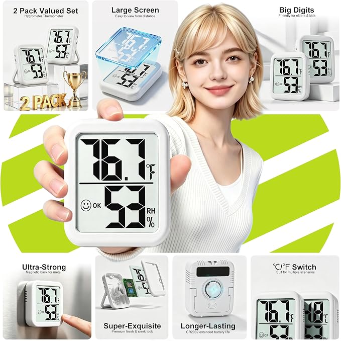 2 Pack Room Thermometer Indoor Hygrometer | Monitor Temperature & Humidity, Accurate, Fast Read, Easy To View, Magnetic/Kickstand/Hanging, ℉/℃, w/ Battery, Compact