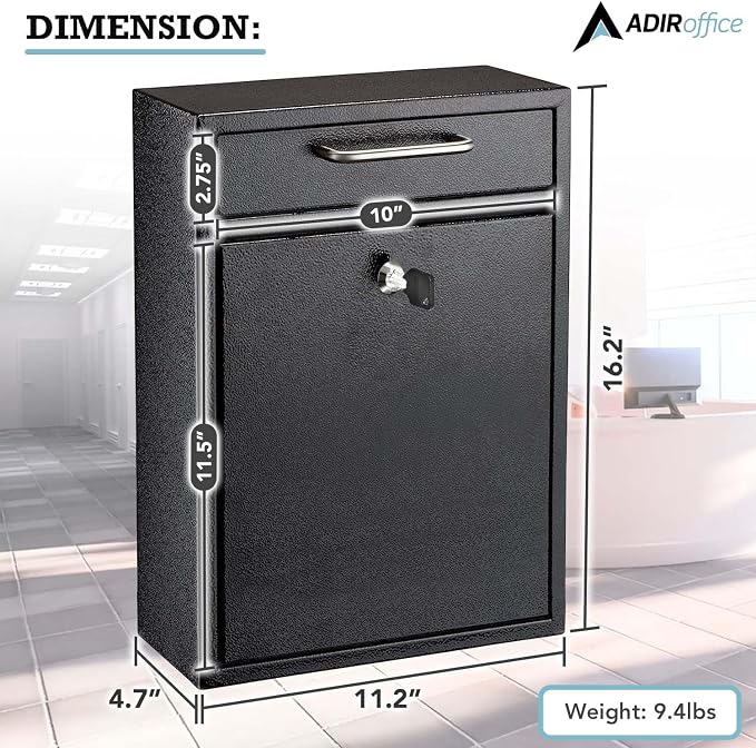 AdirOffice Wall Mount Mailbox - Mailbox with Lock and Keys- Durable Wall Mounted Locking Mailbox and Cash Drop Box for House, Apartments and Bussiness After Hours Deposits