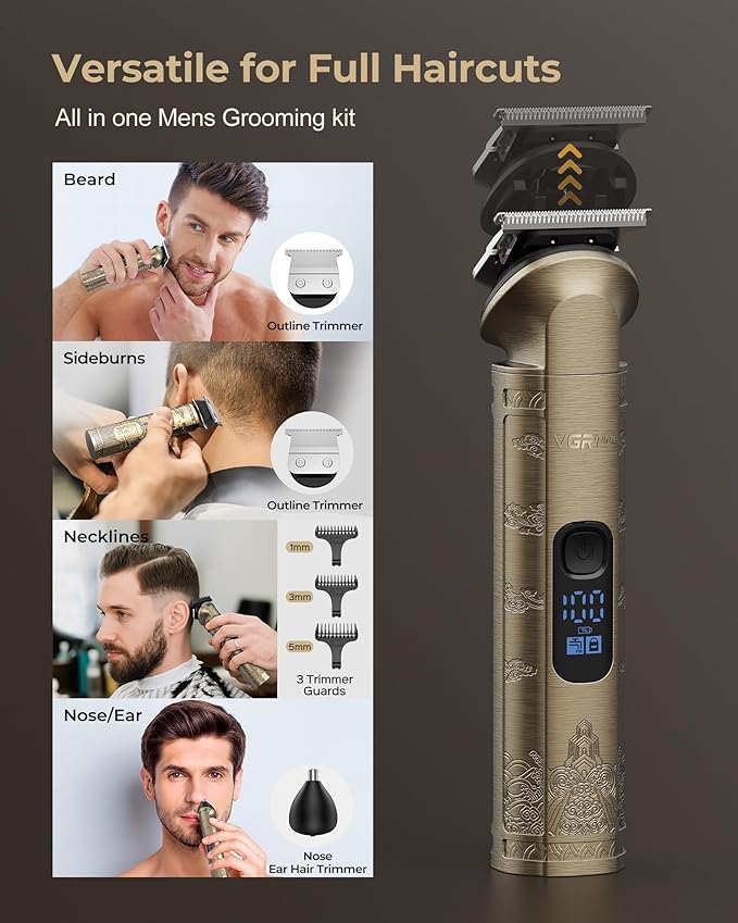 VGRPRO Hair Clippers for Men Professional, Cordless Clipper and Trimmer Set | 7000RPM Grooming Kit with EVA Case, LED display, 14 Guide Combs (including Right & Left Ear Taper Combs), Nose Trimmer Head