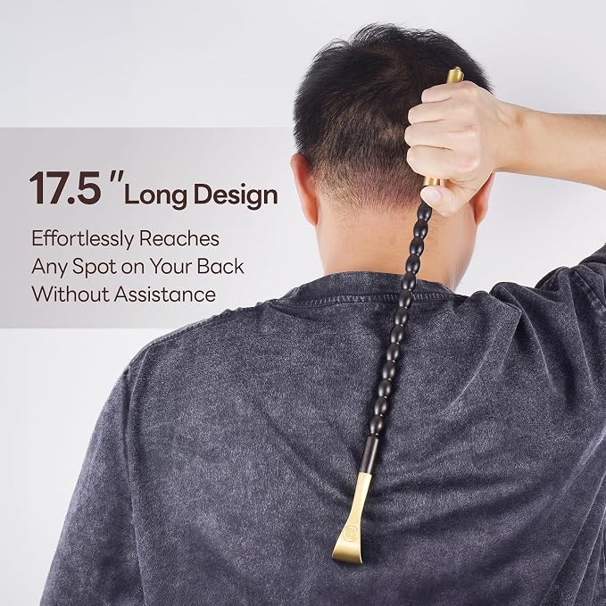 Tomorotec Back Scratcher Massager, Ebony Wood Brass Head Itch Relief 17.5" | African Blackwood, Splinter Proof, Cool Touch, Thoughtful Gift For Men Women, Black