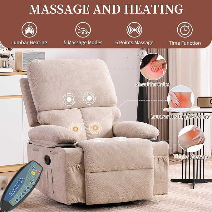 Recliner Chair for Adults, Nursery Glider Recliner with Massage and Heat, 360° Swivel Rocker Recliner, Manual Reclining Chair with Cup Holder, Side Pocket, Ergonomic for Moms and Elderly, Beige